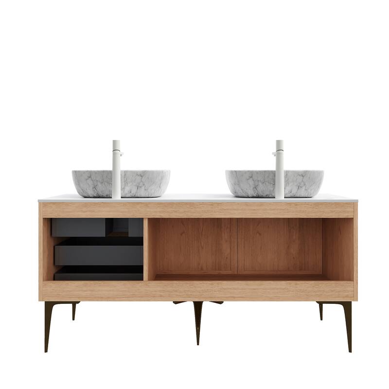 Freestanding Bathroom Vanity with Sintered Stone Top and Rectangle Ceramic Round Basin