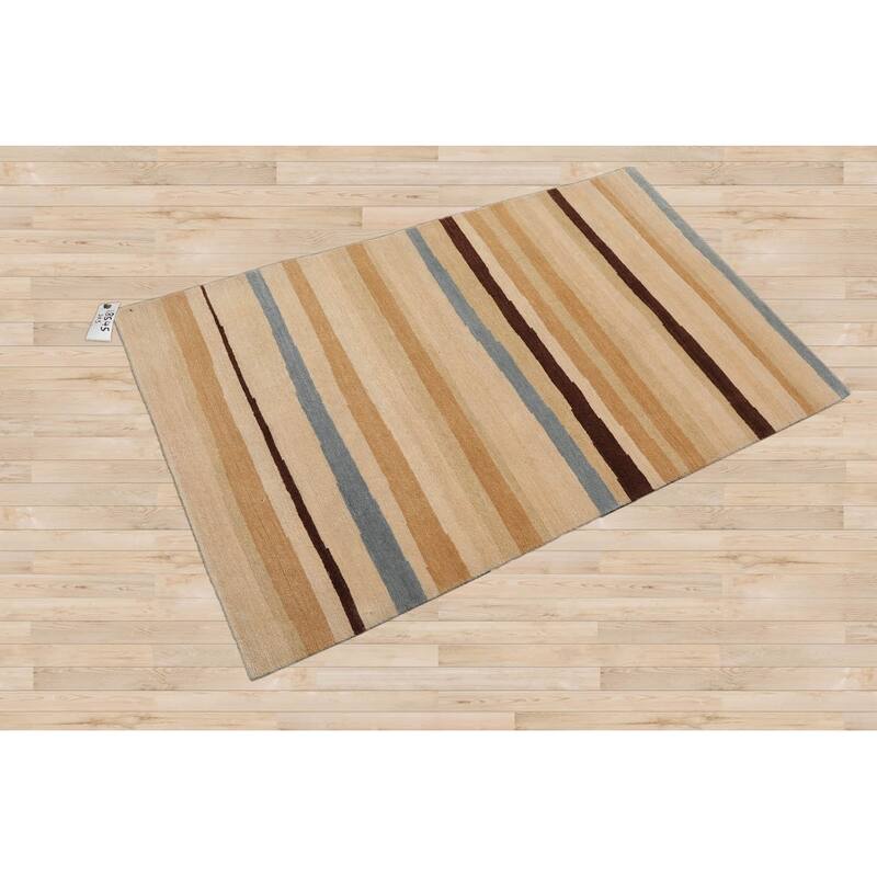 Hand Knotted Tibetan Beige,Tan Striped Wool Modern Oriental Area Rug - 3' x 5'