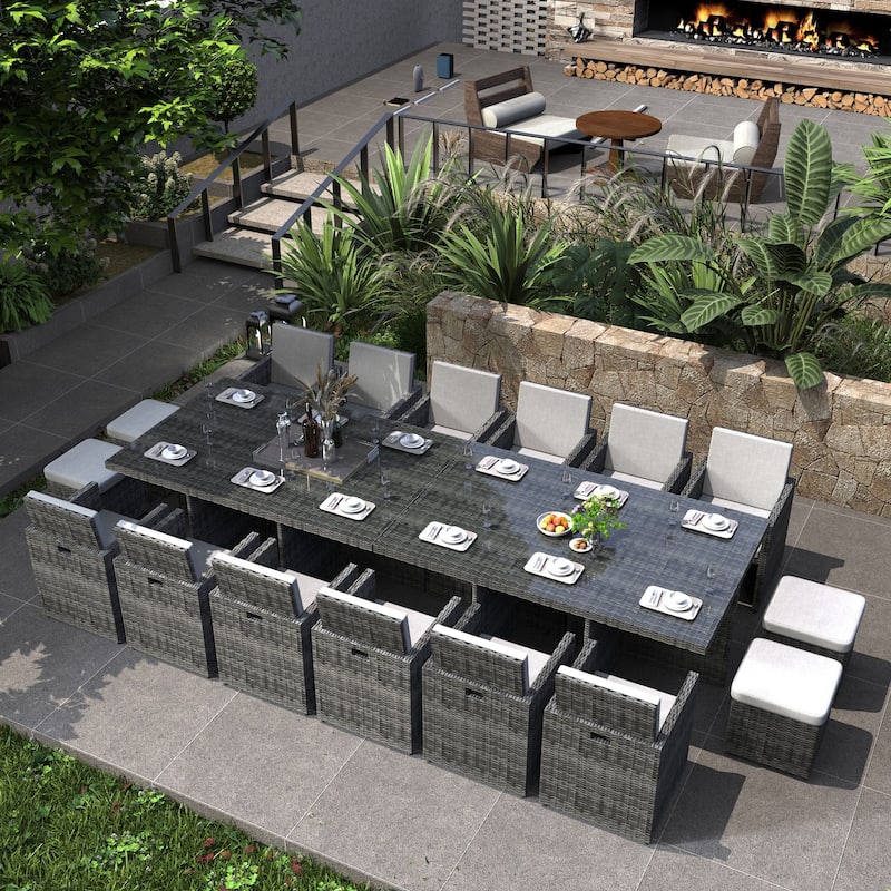 16-Seater Aluminum Patio Dining Sets with Cushions and Tempered Glass Tabletop - Grey
