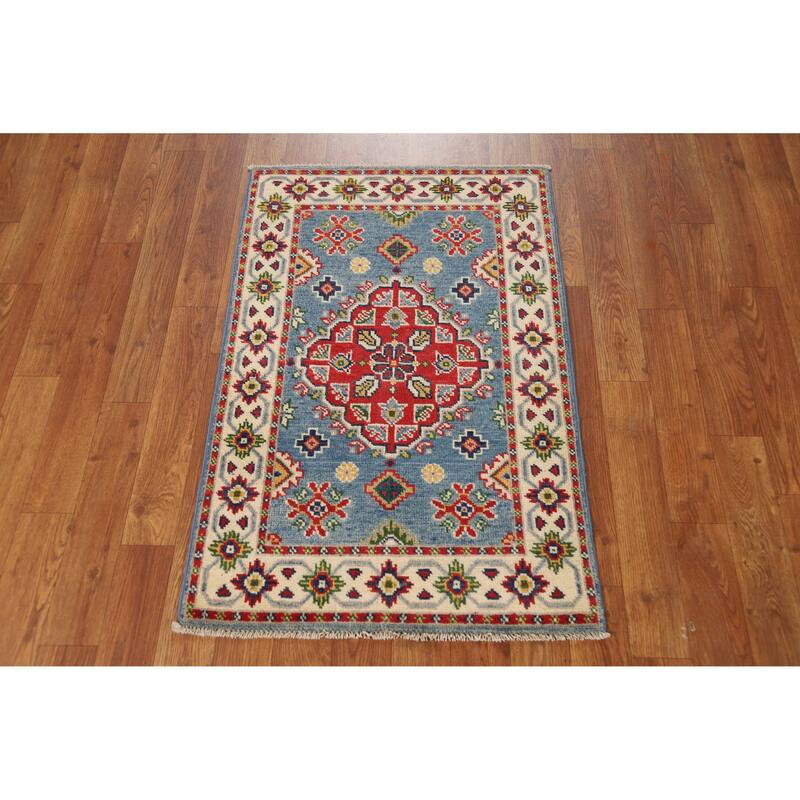 Geometric Blue Kazak Oriental Accent Foyer Rug Handmade Wool Carpet - 2'0"x 3'0"