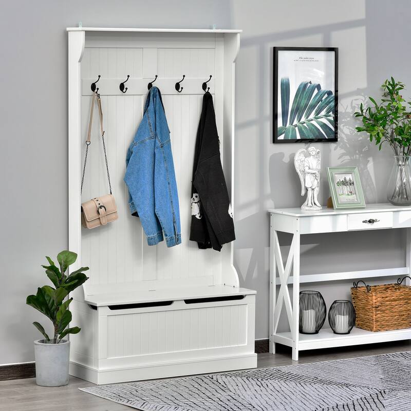 Cream White MDF Hall Tree with Storage Bench, Hooks and Seating - 37.8" W x 13.4" D x 70.7" H - Cream White