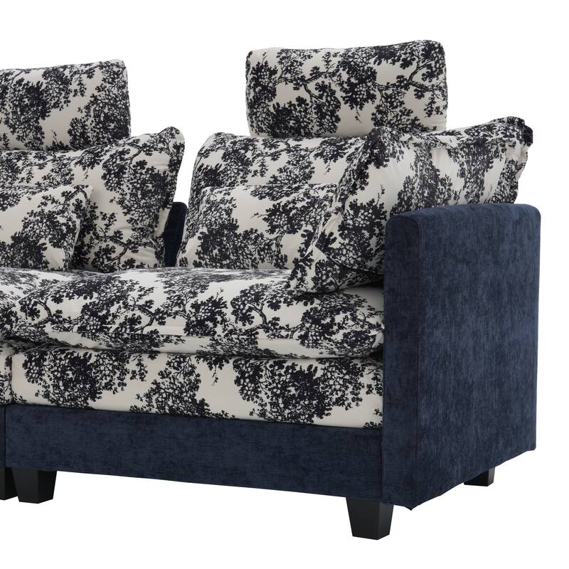 Blue Chenille Sectional Sofa with Floral Fabric, 4-Seater L-Shaped Couch with Adjustable Headrests, Pillows, and Chaise Lounge
