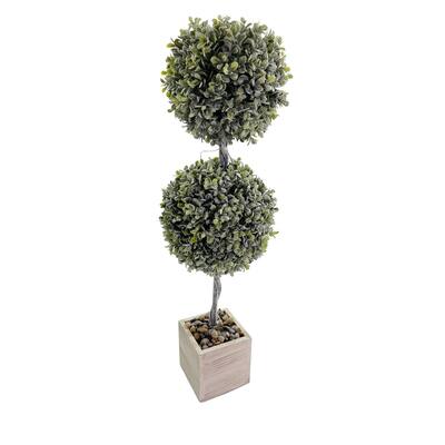 Topiary Flocked Boxwood Double Ball Topiary in Square Wood Planter 23" - 23" H x 6.75" x 6.75"