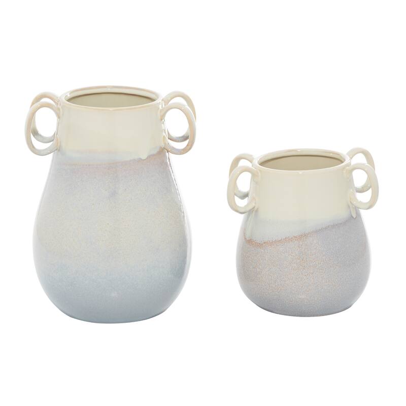 White Ceramic Decorative Vase with Handles (Set of 2) - 10 x 9 x 12