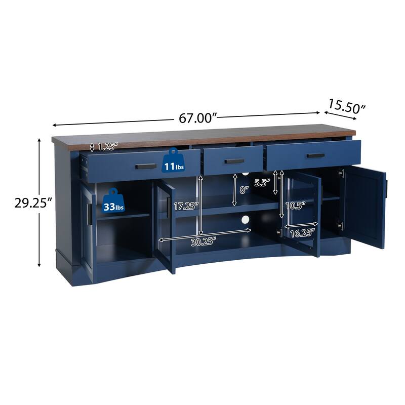 Modern Blue TV Console, 67" Width TV Stand, Glass Doors & Storage Drawers, Adjustable Shelves
