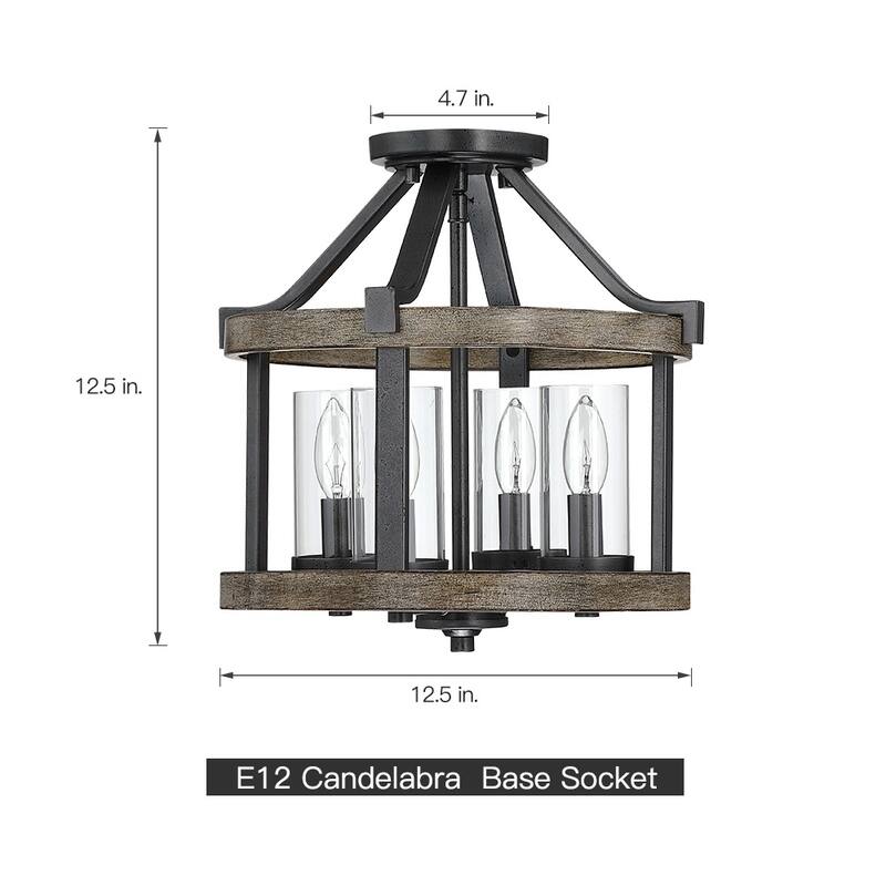 12.5 in. 4-Light Natural Iron and Distressed Faux Wood Modern Farmhouse Semi-Flush Mount Ceiling Light - 12.5"W