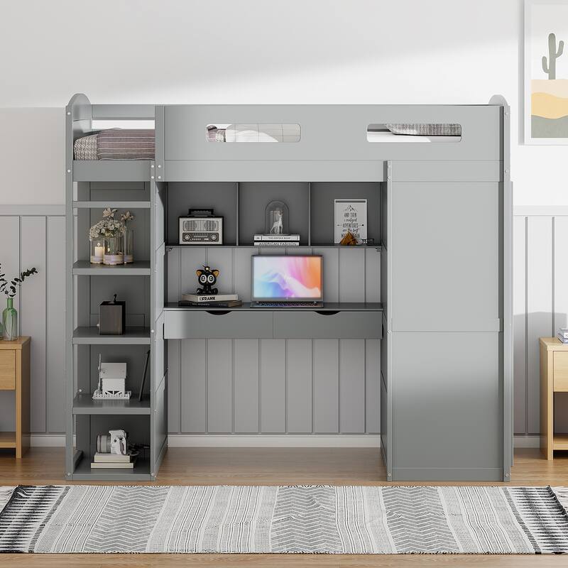 Solid Wood Loft Bed with Desk, Wardrobes, and Shelves
