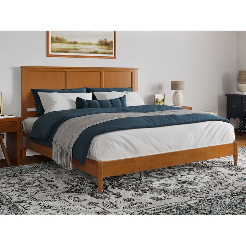 King Size Platform Bed - Solid Wood Low Profile Bed Frame with USB Ports, Modern Bedroom Furniture