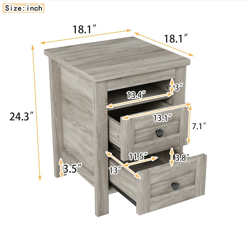 Wooden Nightstand, Farmhouse Nightstand with 2 Drawers and Sleek Lines, Side Table with Storage Cabinet for Bedroom, Living Room