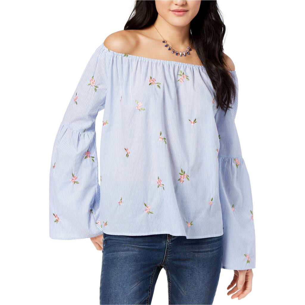 Gypsies & Moondust Womens Striped Embroidered Off the Shoulder Blouse, Blue, Small
