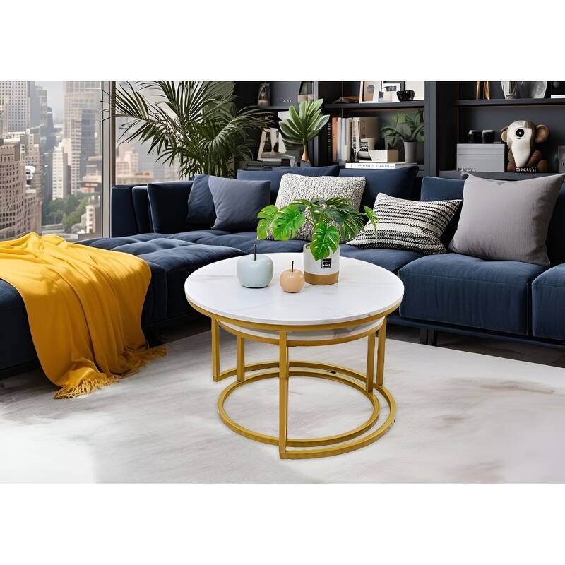 Modern Nugzar Coffee Table Round Metal Nesting Frame in Golden Style Set of 2 - White - Marble