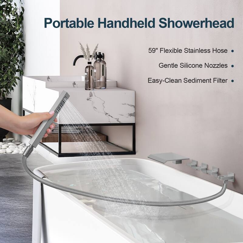 GRANDJOY Wall Mounted 3-Handle Tub Shower Faucet with Handheld Shower and Waterfall Tub Spout