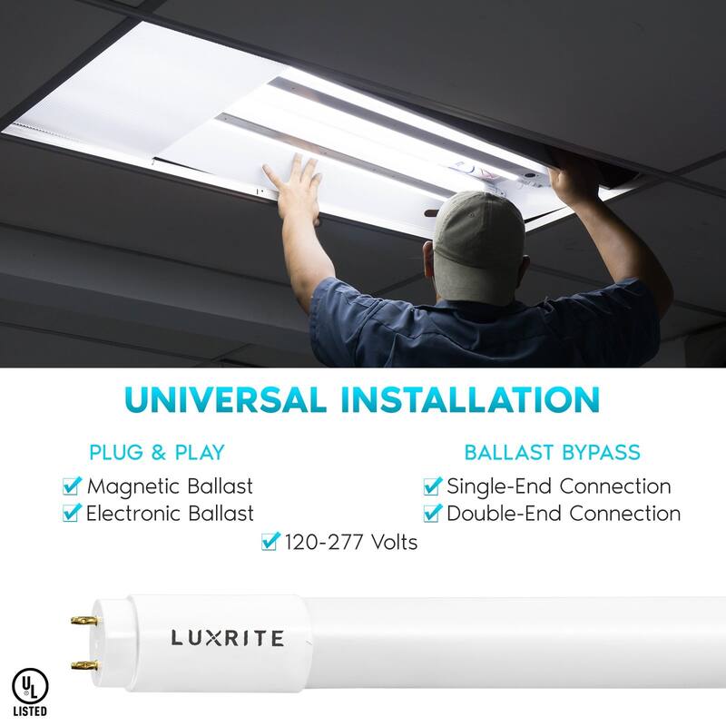 Luxrite 3FT T8 LED Tube Light, 12W=25W, 3 Color Option, Single and Double End Powered, 1560 Lumens, UL, DLC (4 Pack) - 4