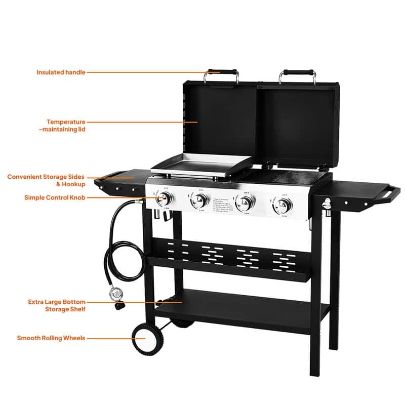 4 Burner 2-in-1 Propane Grill and Griddle Combo Standing with Lid