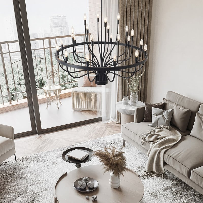 Modern Farmhouse Candle Chandelier Black Large Wagon Wheel Chandeliers