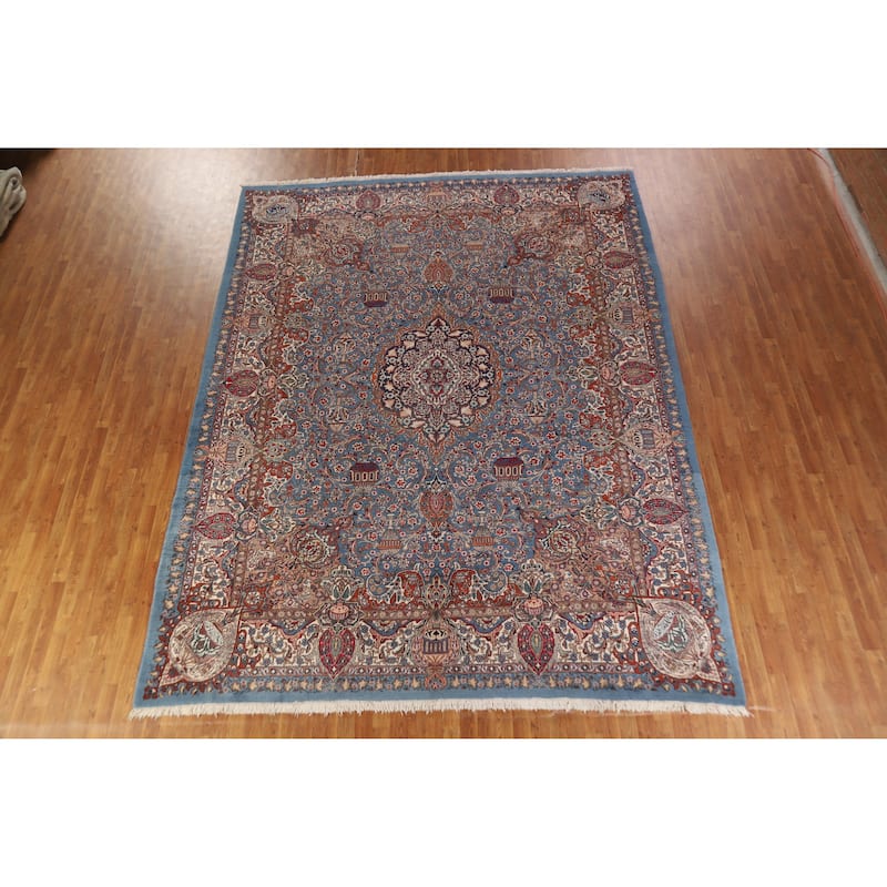 Hand Knotted Oriental 100% Wool Carpet Traditional Floral Navy Blue & Blues Kashmar Area Rug - 12' 9'' X 10' 0''