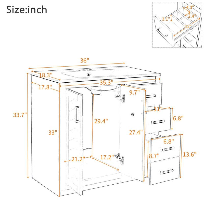 36'' Freestanding Bathroom Vanity with White Integrated Ceramic Sink - 36'' x 18.3'' x 33.7''