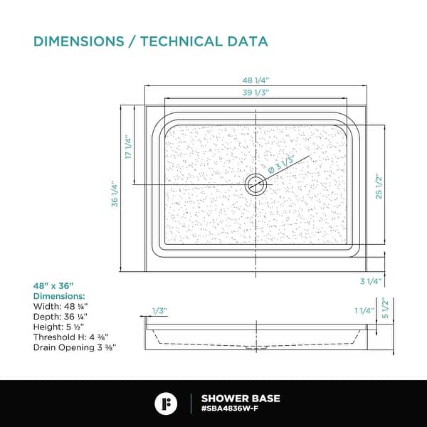 dimension image slide 3 of 9, Fine Fixtures Single Threshold Acrylic Shower Base - Non-Slip Textured Surface Shower Floor Pan