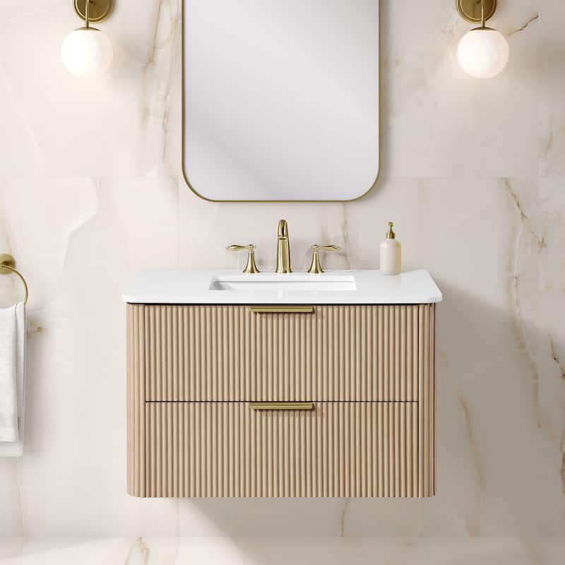 Amara 36 in. Sahara Birch Vanity with White Top and Brushed Gold Hardware - 36" - Sahara Birch with Brushed Gold Hardware
