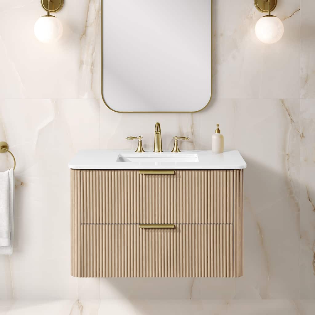 Amara 36 in. Sahara Birch Vanity with White Top and Brushed Gold Hardware