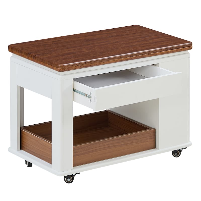 27.6" Modern Multi-Function Coffee Table Wood Side Table with Foldable Top, Casters, Multi-Tier Storage for Small Living Rooms