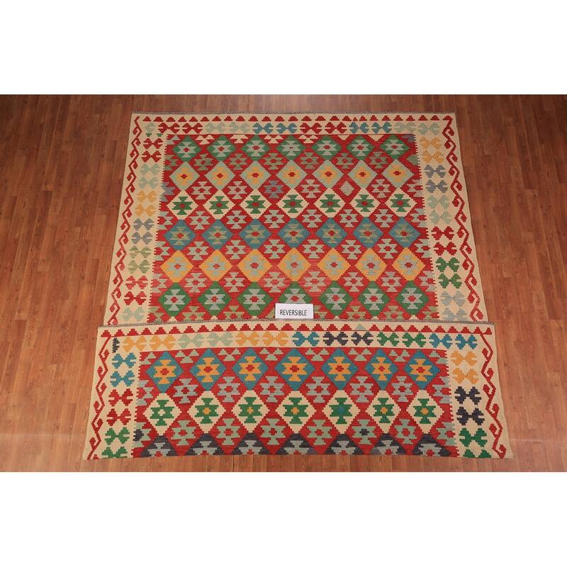 Geometric Kilim Orange Area Rug Hand-Woven Wool Carpet - 8'3" x 11'3"