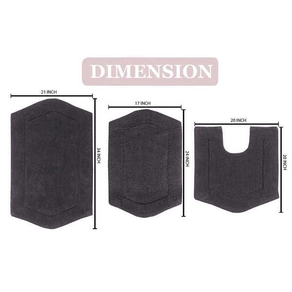 dimension image slide 8 of 19, Waterford Collection 100% Cotton Non-Slip Bathroom Rug Set, 3 Piece Machine Washable- Bathroom Rug, Bath Rug, U Shaped Contour