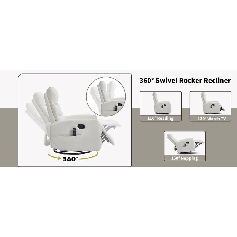 Roomfitters Manual Swivel Rocker Recliner Chair with Heat and Massage Fabric Glider Lounge Sofa for Living Room