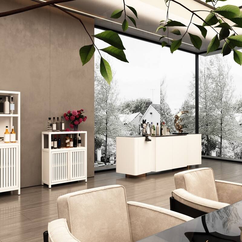White Bamboo Storage Cabinet with Shelves, Offering Large Capacity for Bathroom, Living Room, and Other Spaces.