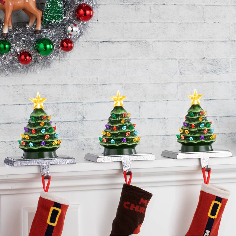 5" Illuminated Ceramic Stocking Hanger - Green Tree