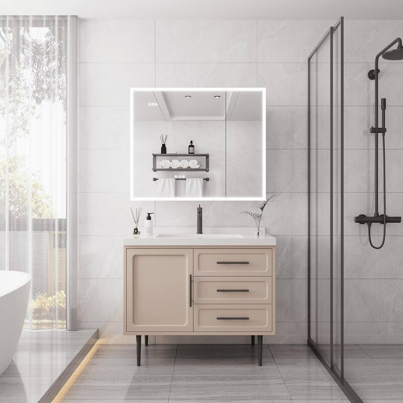 LED Bathroom Medicine Cabinet with Mirror, Double Door Lighted Medicine Cabinet with Defogger, Adjustable Brightness