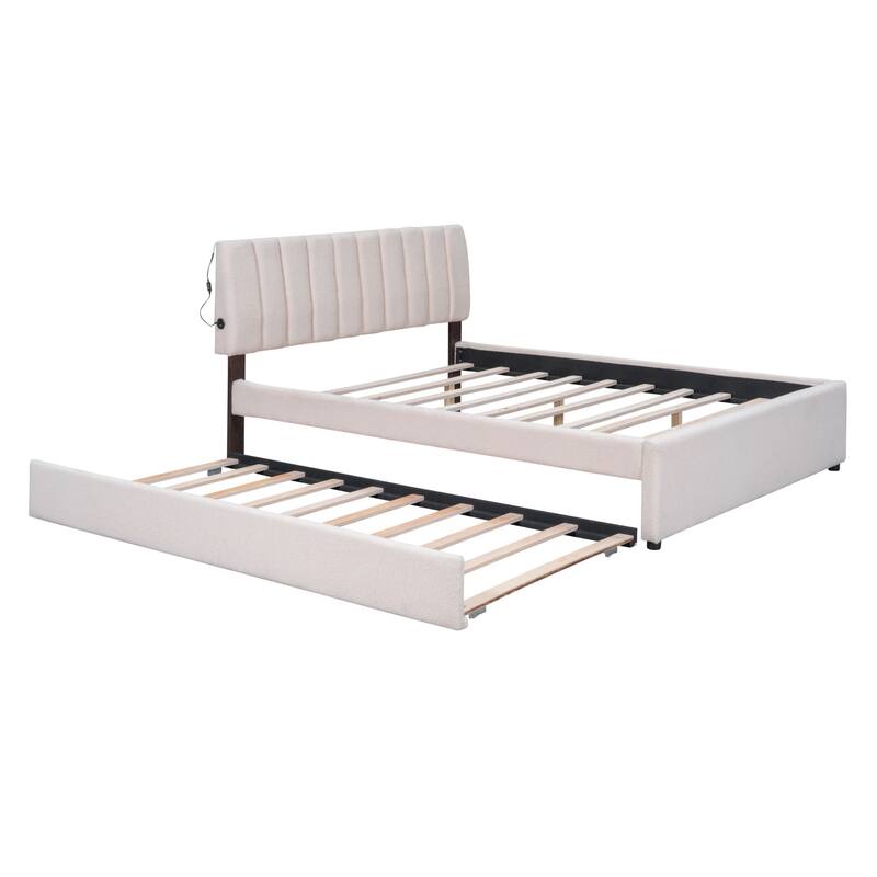 Upholstered Platform Bed with Trundle and LED Lights