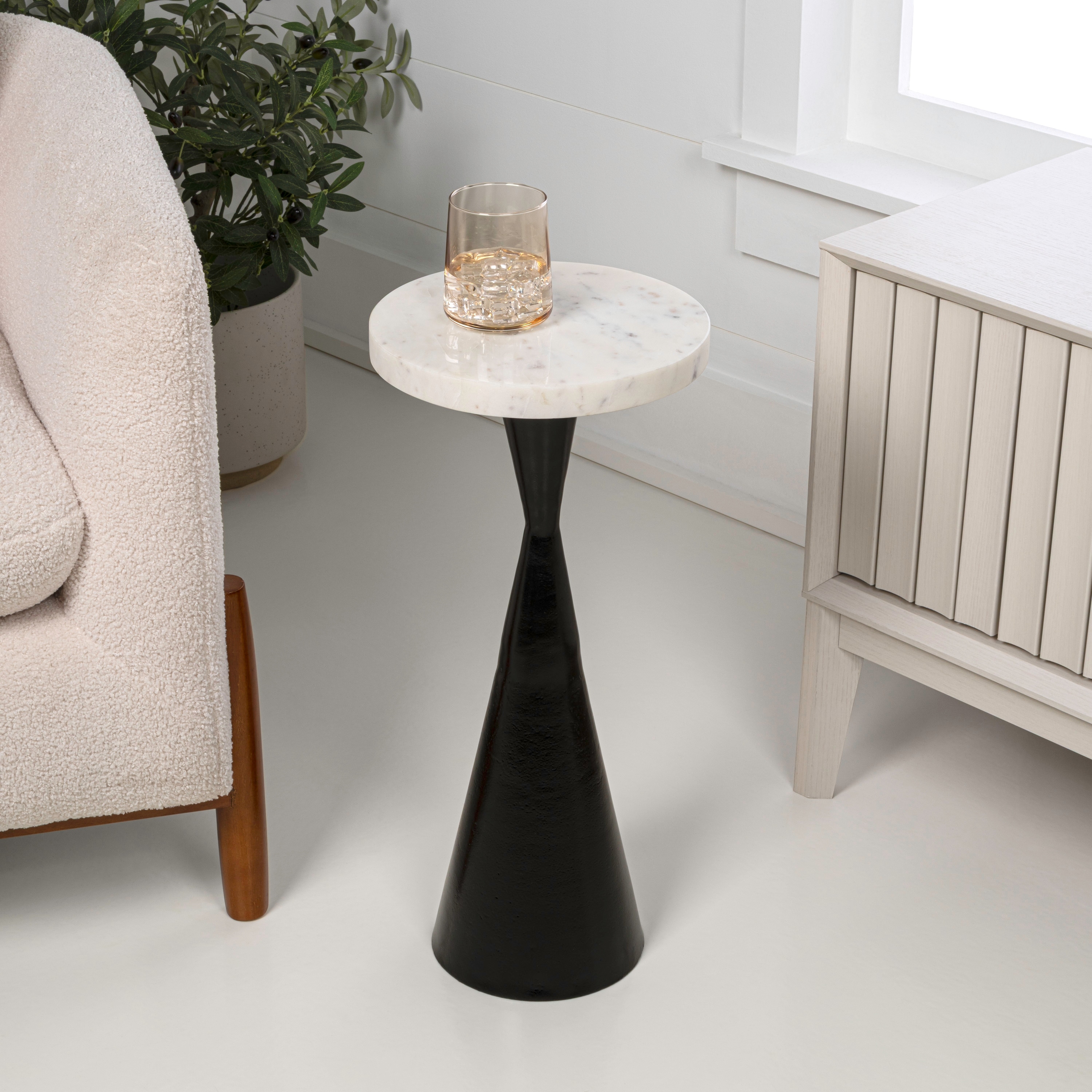 Ziggy Contemporary Round Marble Top Drink Table with Aluminum Hourglass Pedestal Base Accent Side Table