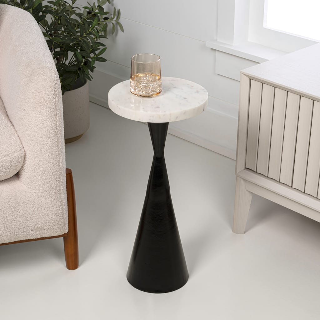 Ziggy 22" Contemporary Metal Drink & End Table w/ White Marble & Cone Base, By JONATHAN Y