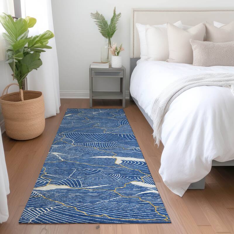 Machine Washable Indoor/ Outdoor Abstract Crackle Chantille Rug - Blue - 2'3" x 7'6"