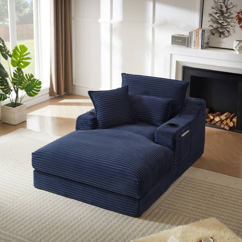 47.24" Chaise Lounge Sofa Chair, Modern Corduroy Sleeper Couch with Pillows, Single Recliner with Cup Holders and Side Pockets - Blue