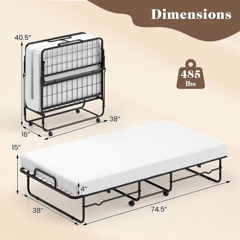 Twin Folding Bed w/Wheels 75" x 38" Rollaway Bed w/ Metal Frame