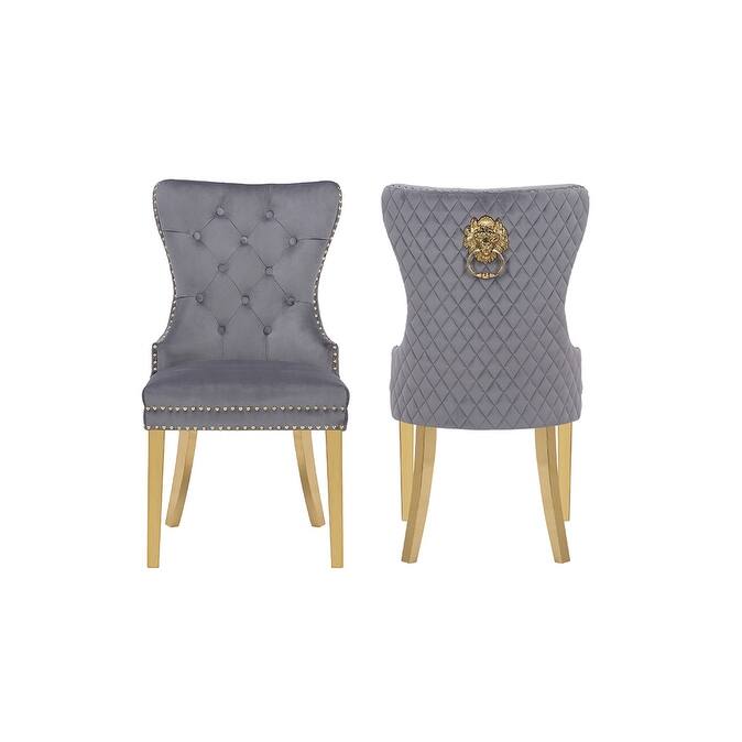 Modern Set of 2 Dining Chairs with Button Tufted Upholstered Back, Nailhead Trim, Stainless Steel Legs for Dining Room - DARK GREY
