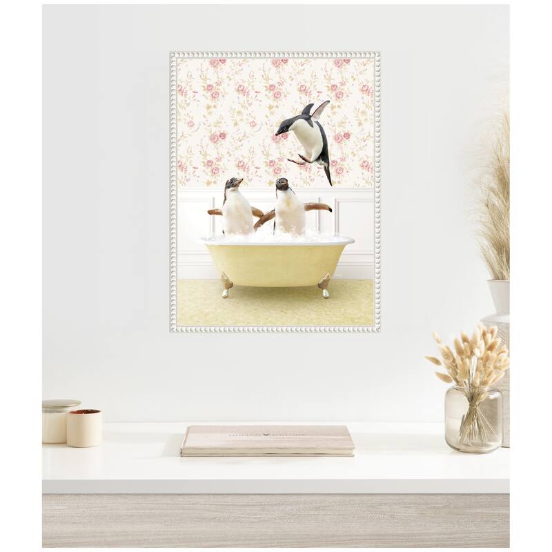 Kate and Laurel Sylvie Penguins in Vintage Yellow Bath Framed Canvas by Amy Peterson