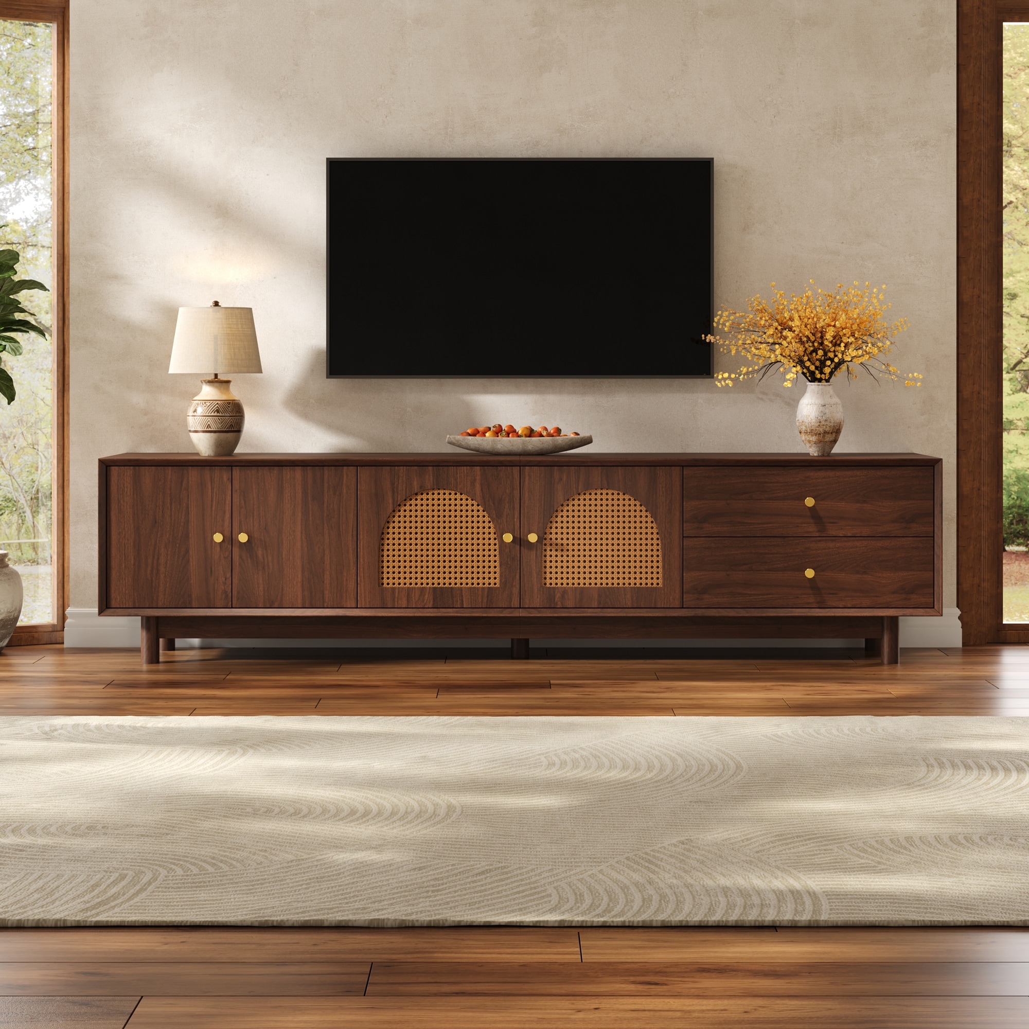78" Rattan TV Stand for 85 Inch TVs, Wood-Grain Finish Entertainment Center with Storage Cabinets and Drawers, Metal Handles
