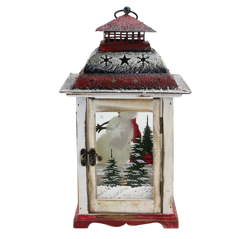 14.5" Red White Snowman Holiday Scene Christmas Pillar Candle Lantern