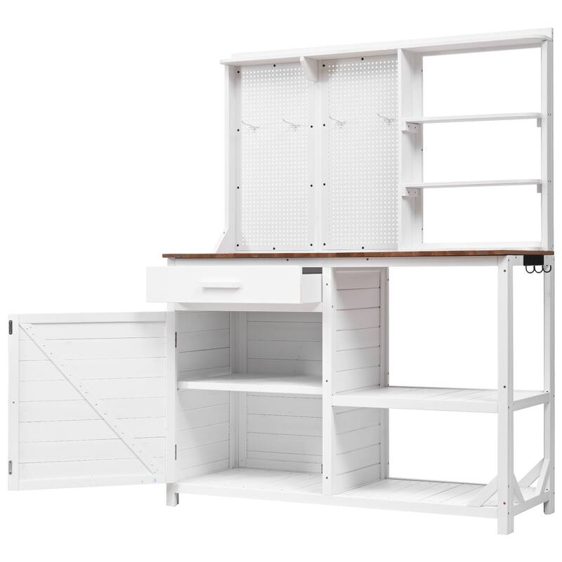 Outdoor Wood Potting Bench with Pegboard, Cabinet & Shelves, Garden Work Table with Hooks and Drawer