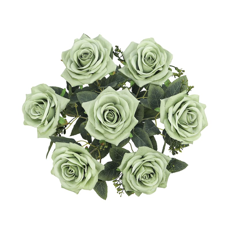 Set of 2 Sage Green Artificial Queen Tea Rose Flower Stem Bush Bouquet 17in - 17" L x 9" W x 9" DP