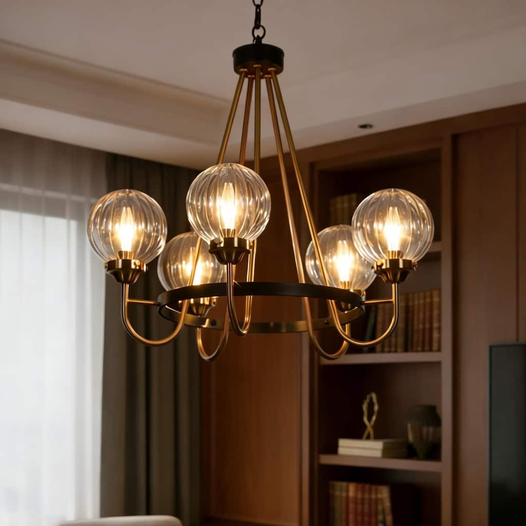 Modern Farmhouse 5-Light Black Gold Chandelier Wheel Shape Pendant Lights for Dining Room - 22" D x 21.5" H