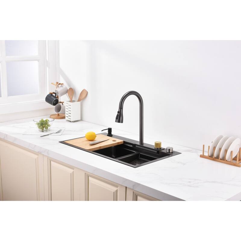Black 30 Inch Single Bowl Stainless Steel Base Kitchen Sink with Pull-Out Faucet, Cutting Board, Nested Basin