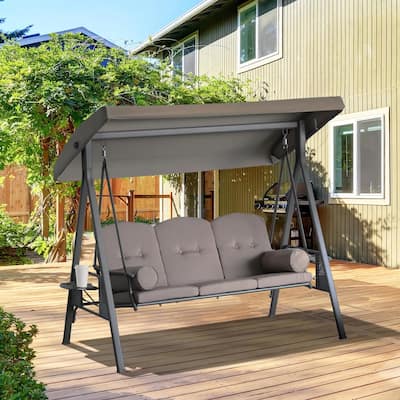 3-Seat Patio Swing Chair, Adjustable Canopy, Side Trays, Comfort Set