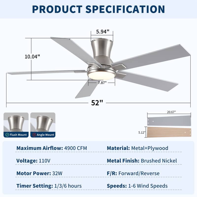 52" Modern Brushed Nickel Finish Reversible Quiet Motor Ceiling Fan with Light and Remote Control