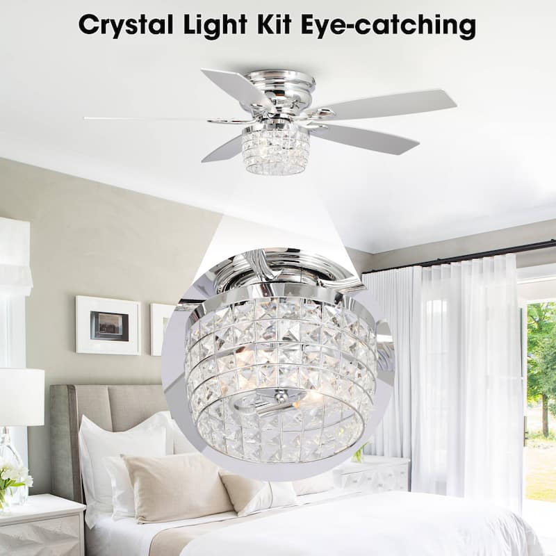 52" Chrome Crystal Flush Mount Ceiling Fan with Light Kit and Remote