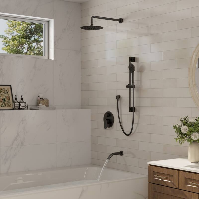 4-Spray Wall Mount Dual Fixed and Handheld Shower Head with Slide Bar and Tub Spout, Valve included