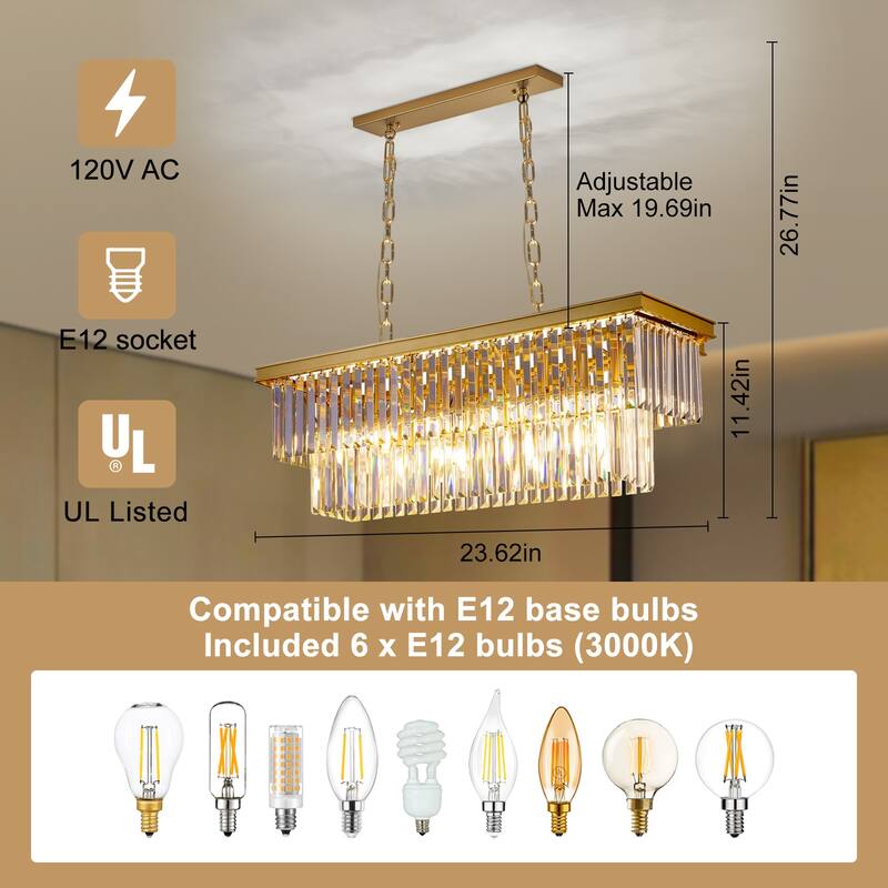 Gold Rectangle Crystal Chandelier, Luxury Pendant Light for Dining Room, Bulbs Included